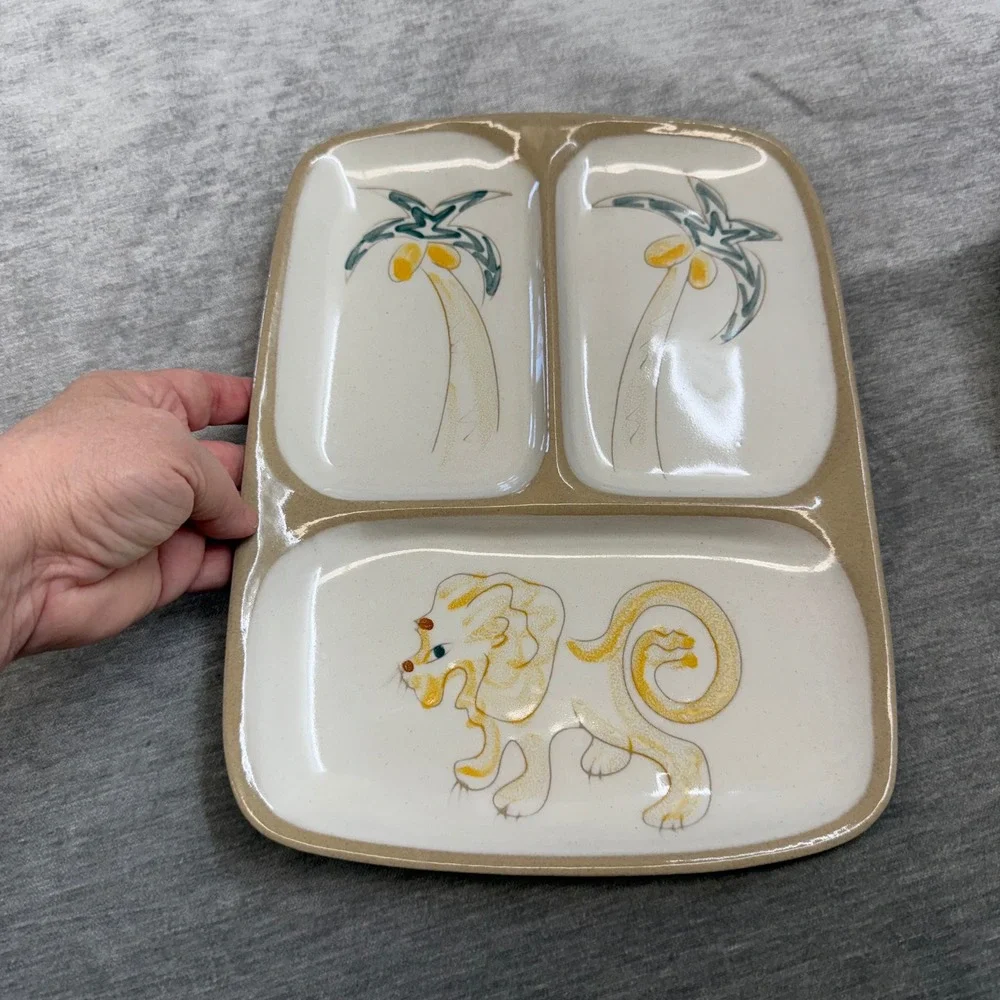 VTG 50's Glidden Pottery 300 Divided Tray Lion Palm Tree‎ MCM Circus Server Dish